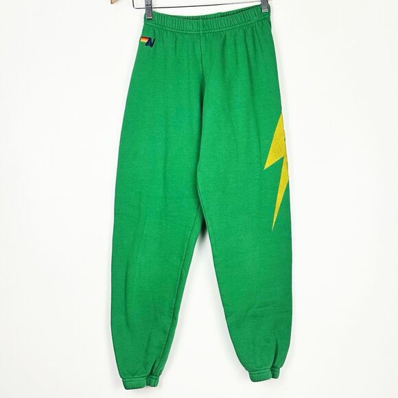 Aviator Nation Mid Rise KellyGreen Yellow Lightening Bolt Jogger Sweatpants XS